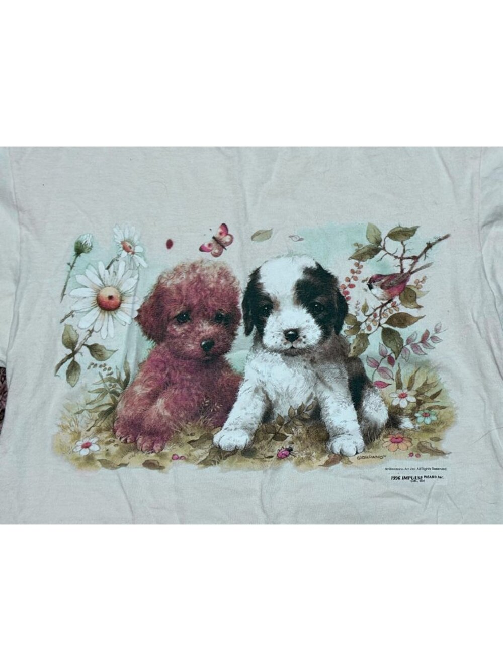 VTG Puppies T Shirt M Doodle Collie Bird Butterfly Daisy 100% Preshrunk Cotton